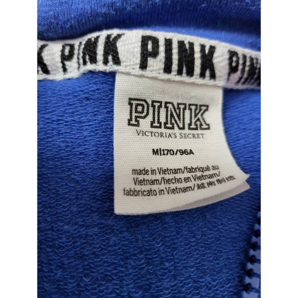 Pink Victorias Secret Womens Cropped Sweatshirt‎ Blue 1/2 Zip Stretch Logo M - Picture 5 of 6